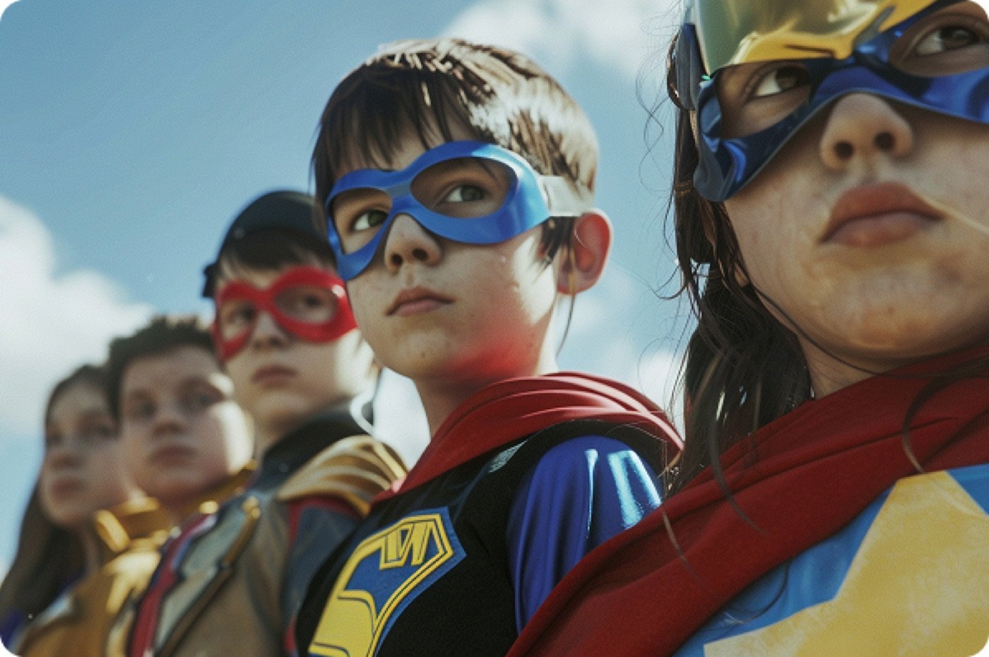Children wearing superhero masks and capes