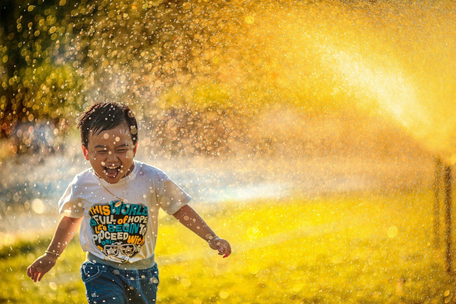 Happy boy running and playing in a sunny water sprinkler